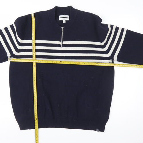 Marks and Spencer Men's Blue XL Striped 1/2 Zip Cotton Blend Jumper