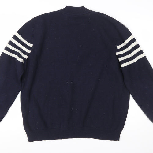 Marks and Spencer Men's Blue XL Striped 1/2 Zip Cotton Blend Jumper