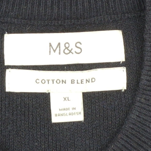 Marks and Spencer Men's Blue XL Striped 1/2 Zip Cotton Blend Jumper