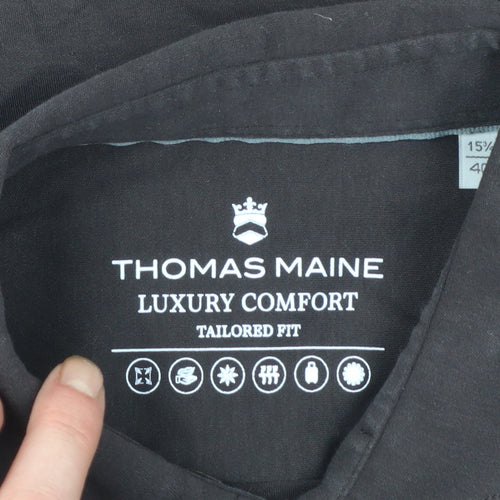 Thomas Maine Men's Black Slim Fit 15.75in Cotton Long Sleeve Button-Up Shirt