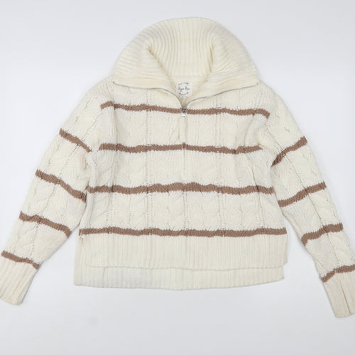 Hippie Rose Women Ivory Brown Striped Cable-Knit 1/4 Zip Jumper Size S