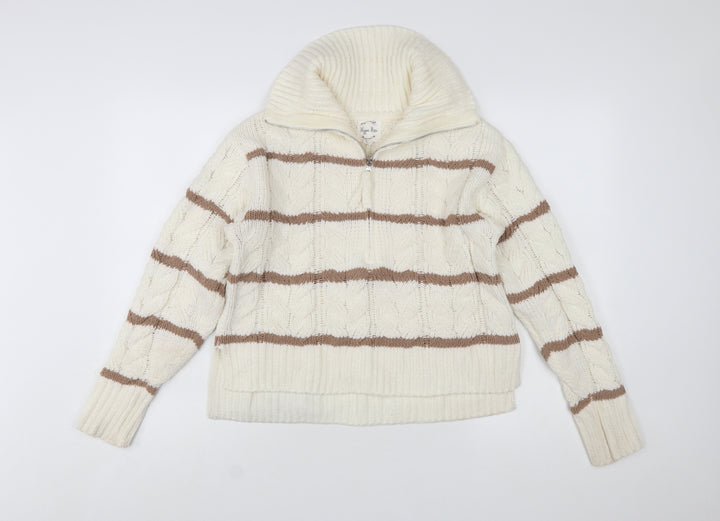 Hippie Rose Women Ivory Brown Striped Cable-Knit 1/4 Zip Jumper Size S