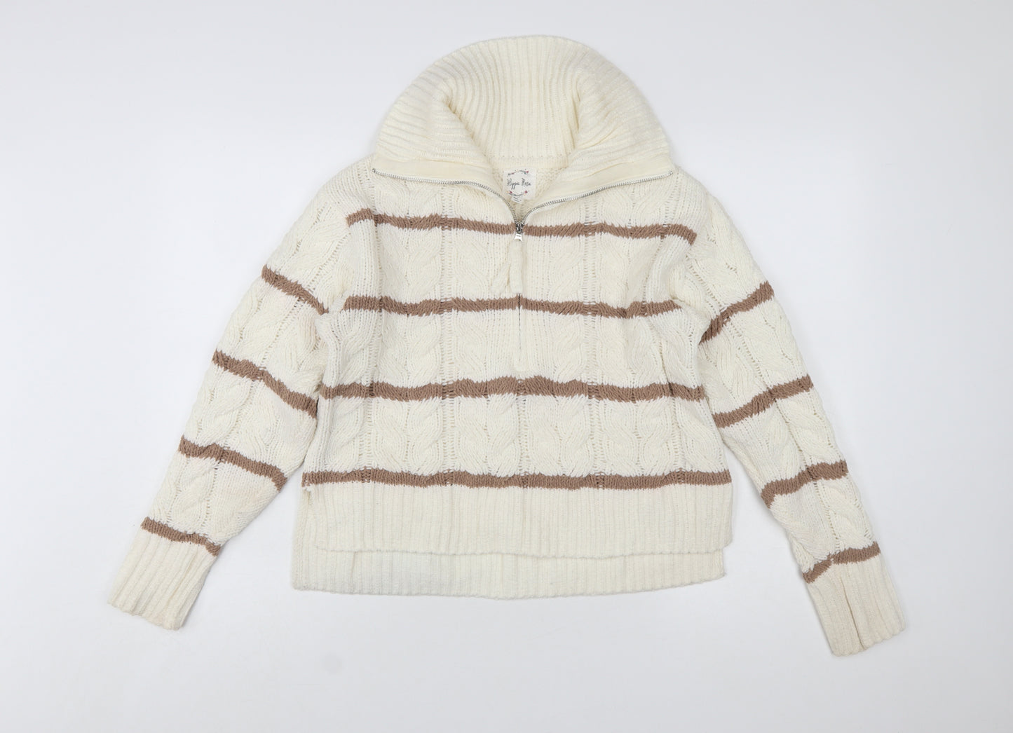 Hippie Rose Women Ivory Brown Striped Cable-Knit 1/4 Zip Jumper Size S