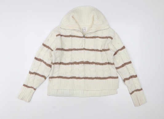 Hippie Rose Women Ivory Brown Striped Cable-Knit 1/4 Zip Jumper Size S