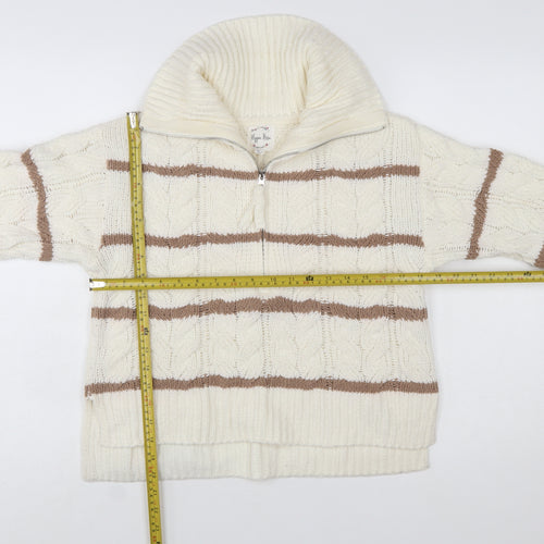 Hippie Rose Women Ivory Brown Striped Cable-Knit 1/4 Zip Jumper Size S