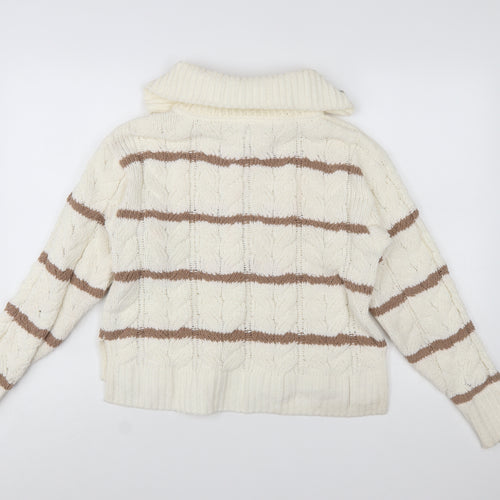 Hippie Rose Women Ivory Brown Striped Cable-Knit 1/4 Zip Jumper Size S