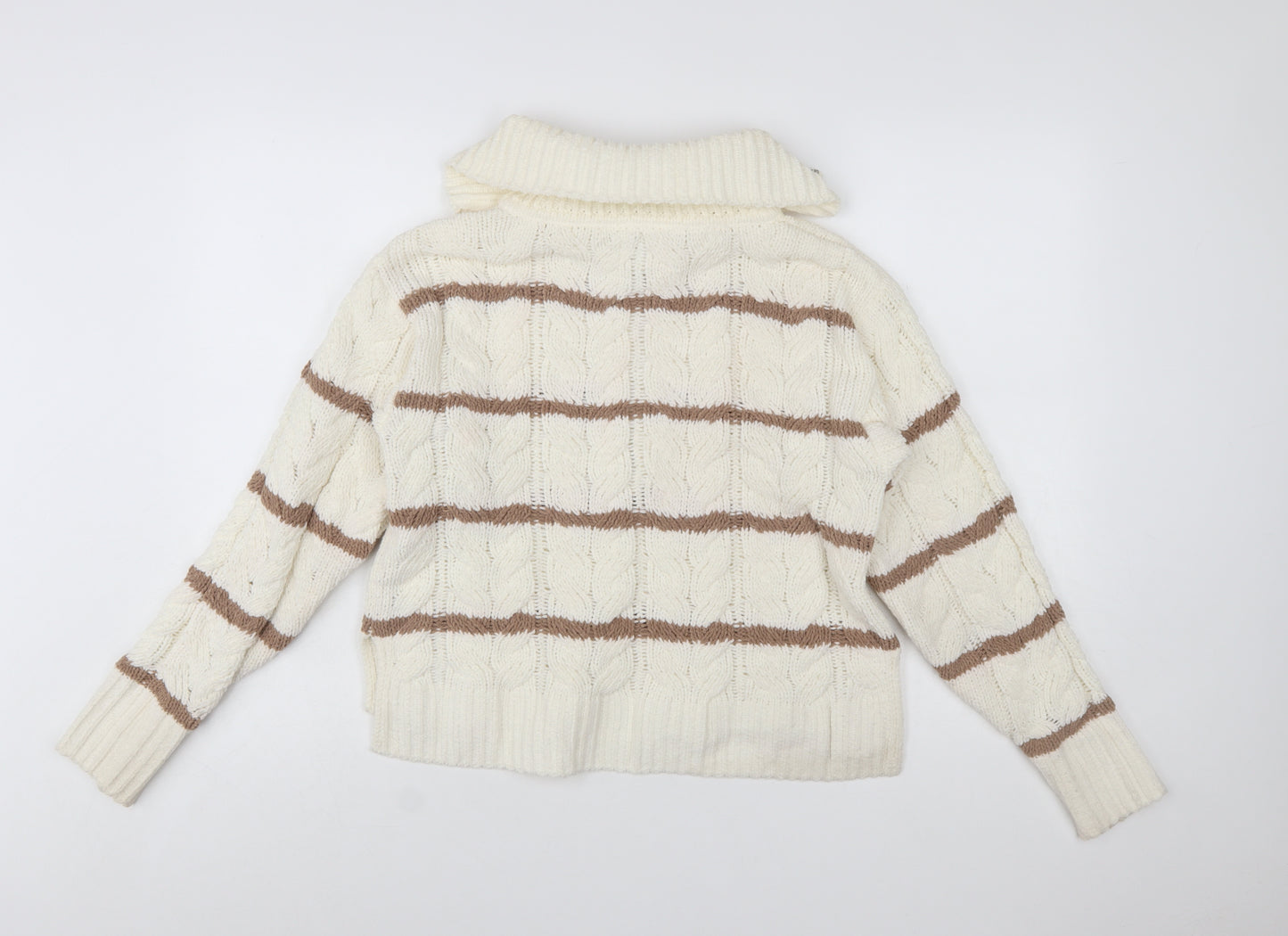 Hippie Rose Women Ivory Brown Striped Cable-Knit 1/4 Zip Jumper Size S
