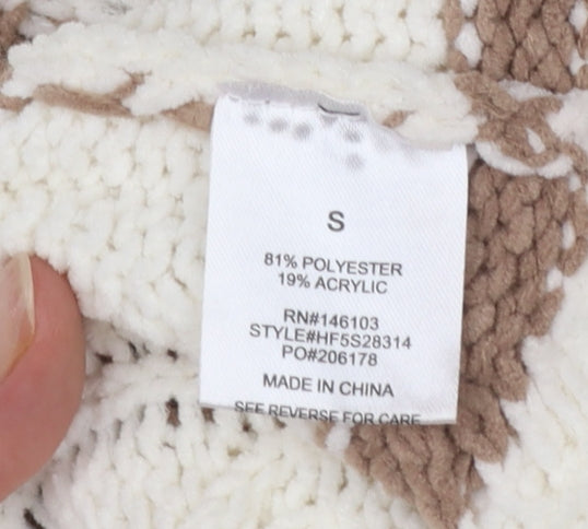 Hippie Rose Women Ivory Brown Striped Cable-Knit 1/4 Zip Jumper Size S