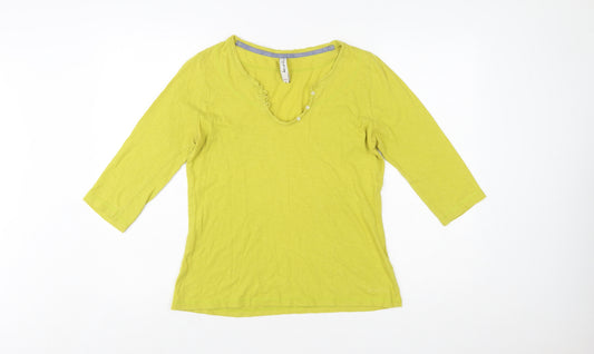 Weird Fish Womens Green Size 8 V-Neck 3/4 Sleeve Cotton Top