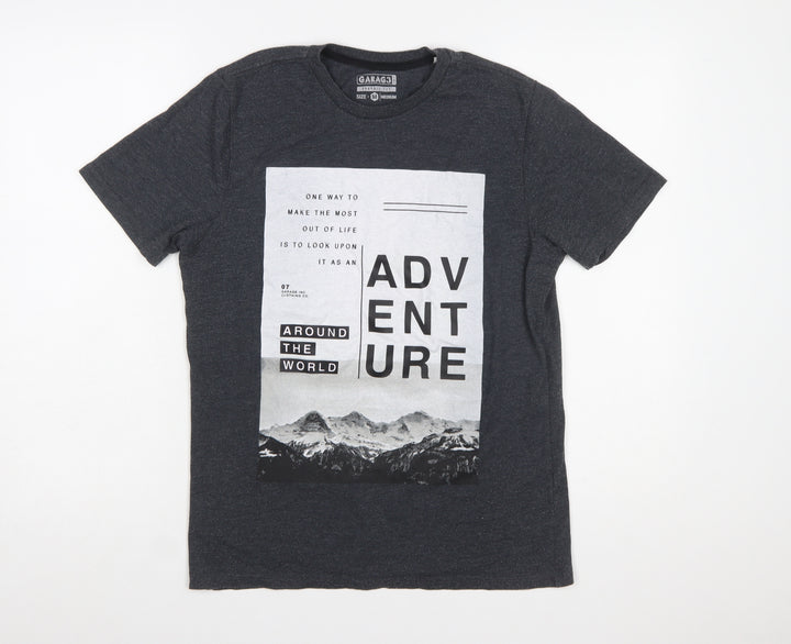 Garage Inc Men's Grey Adventure Print Crew Neck Graphic T-Shirt Medium