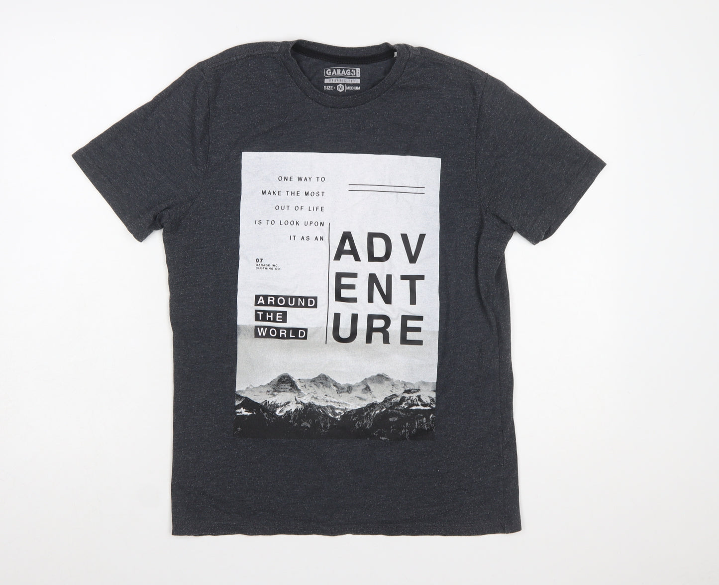 Garage Inc Men's Grey Adventure Print Crew Neck Graphic T-Shirt Medium