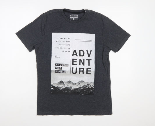 Garage Inc Men's Grey Adventure Print Crew Neck Graphic T-Shirt Medium