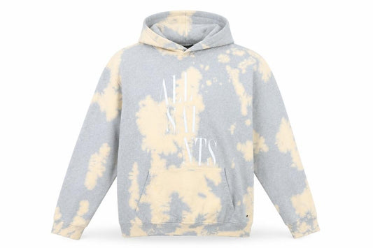 Front view of AllSaints Men's Grey Beige Tie-Dye Hoodie Large Cotton Pullover