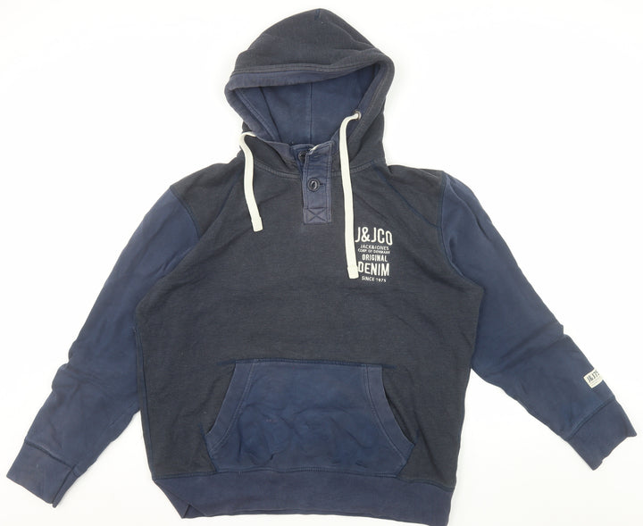 Jack & Jones Men's Blue Henley Hoodie Medium Fleece Pullover