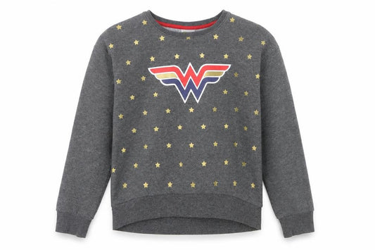 Front view of Wonder Woman girls’ grey sweatshirt, size 14, star print cotton blend