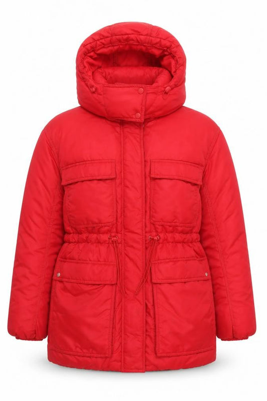 Front view of H&M women’s red mid-length hooded puffer jacket, size M
