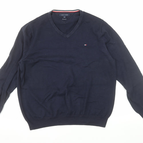 Tommy Hilfiger Men's Blue XL V-Neck Cotton Pullover Jumper