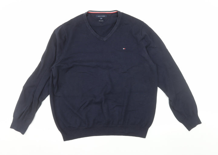 Tommy Hilfiger Men's Blue XL V-Neck Cotton Pullover Jumper