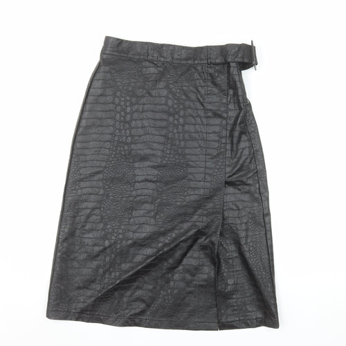 Primark Women’s Black Faux Leather Animal Print Midi Wrap Skirt Size 14