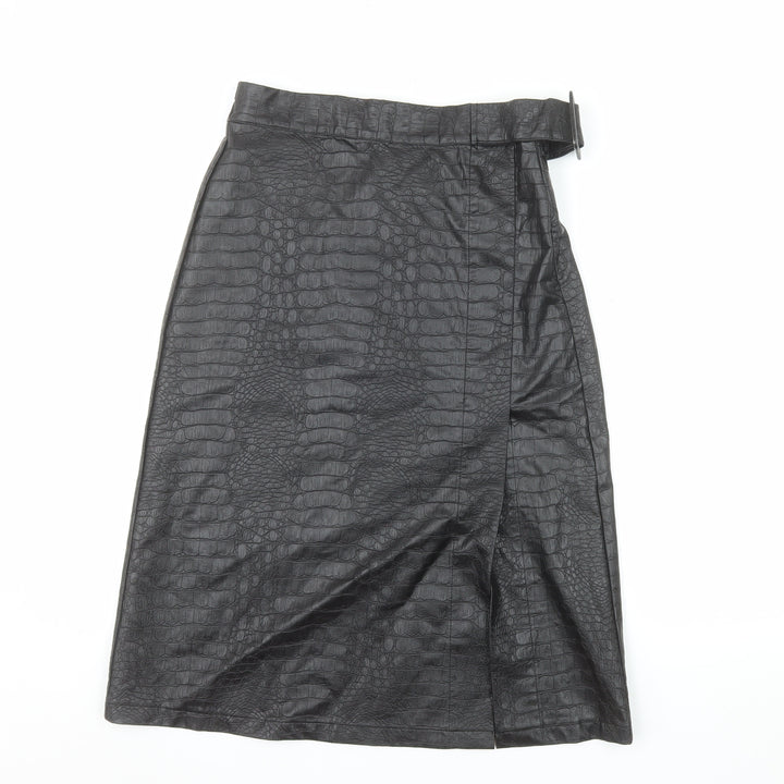 Primark Women’s Black Faux Leather Animal Print Midi Wrap Skirt Size 14