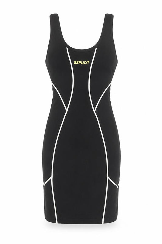 Front view of Explicit Women’s Black Bodycon Dress, size UK 6, Sleeveless Contrast Trim