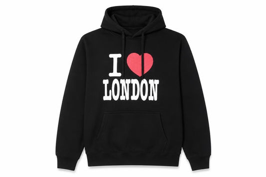 Front view of Zone One Men's Black I Love London Pullover Hoodie, size M