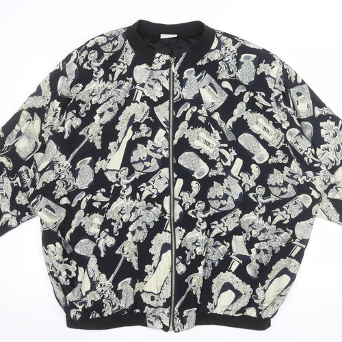 Liana Moden Unisex Black Art Print Bomber Jacket Size 36 Viscose Rayon