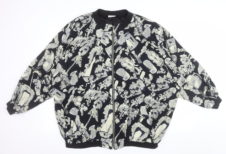 Liana Moden Unisex Black Art Print Bomber Jacket Size 36 Viscose Rayon