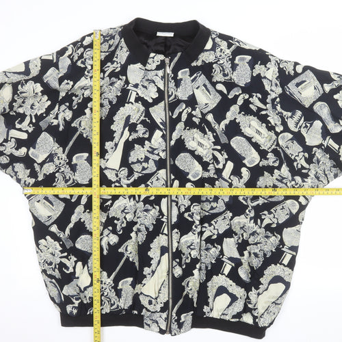 Liana Moden Unisex Black Art Print Bomber Jacket Size 36 Viscose Rayon