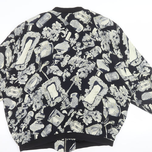 Liana Moden Unisex Black Art Print Bomber Jacket Size 36 Viscose Rayon