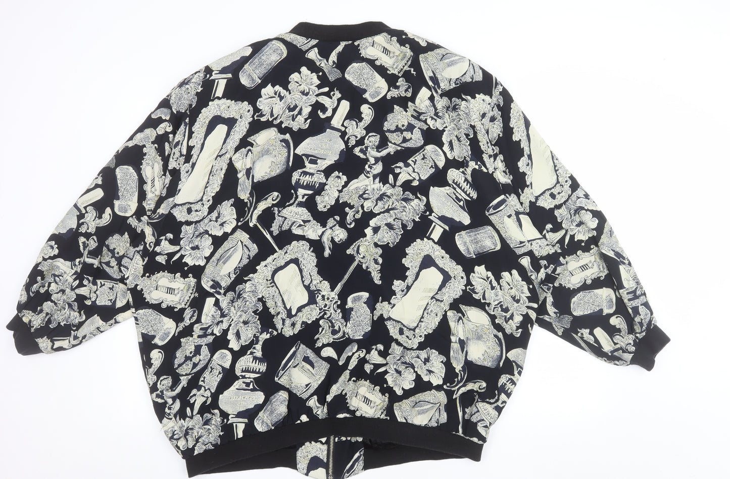 Liana Moden Unisex Black Art Print Bomber Jacket Size 36 Viscose Rayon
