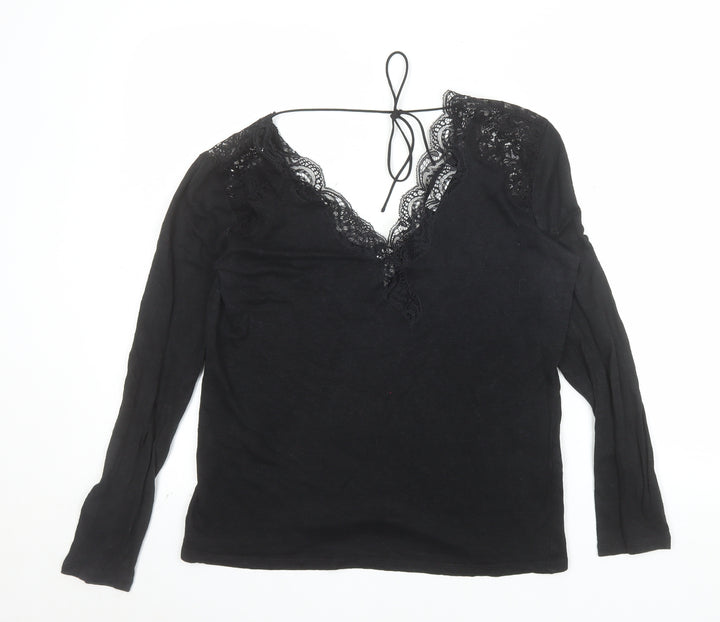 Sandro Paris Womens Black Lace V-Neck Long Sleeve Blouse Size L