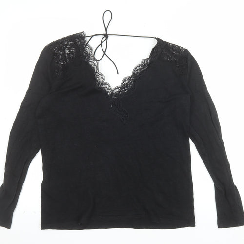 Sandro Paris Womens Black Lace V-Neck Long Sleeve Blouse Size L