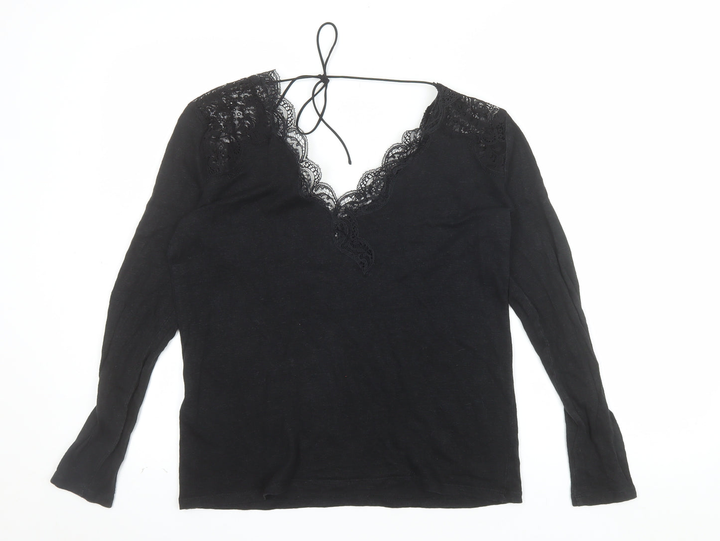 Sandro Paris Womens Black Lace V-Neck Long Sleeve Blouse Size L