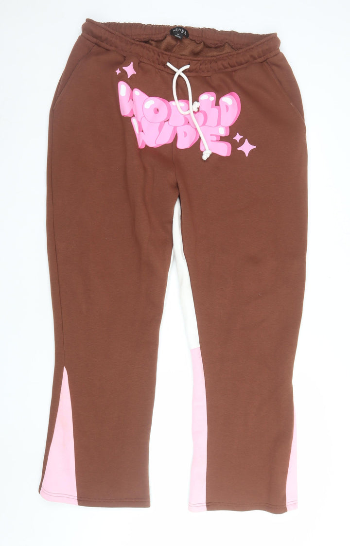 MAN Men's Brown 2XL Sweatpants Logo Print Elastic Waist Fleece Joggers