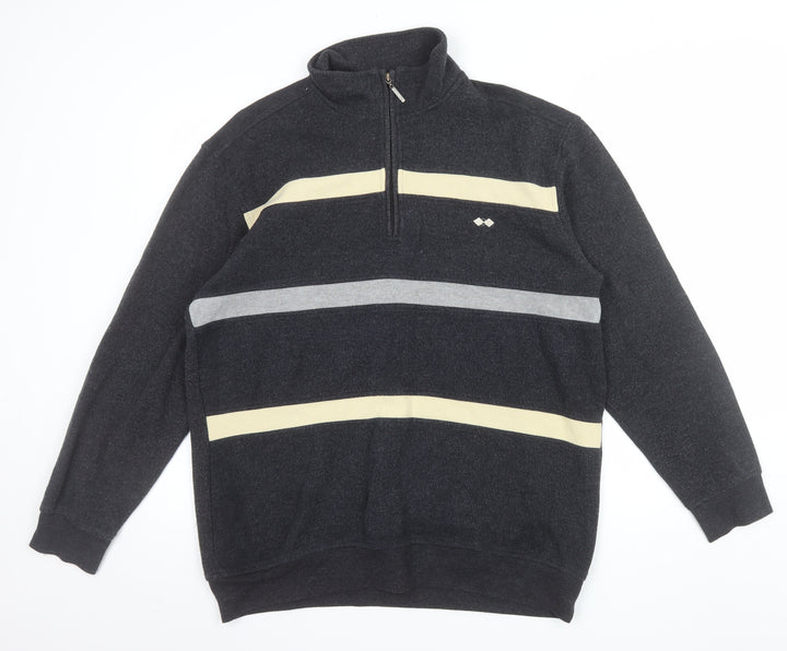 BHS Men’s Grey Striped 1/2 Zip Cotton Blend Jumper Size L