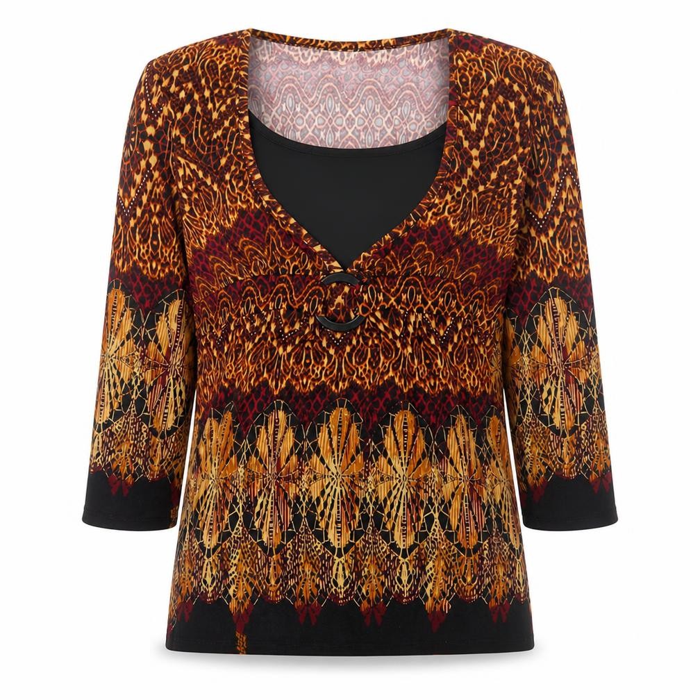 Front view of Cato Women’s Multicoloured V-Neck 3/4 Sleeve Tunic Blouse S