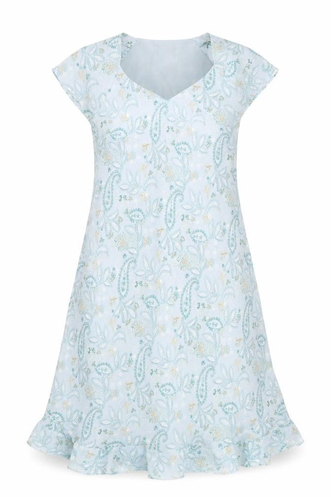 Front view of Variations Women Blue Paisley Shift Dress, size 18, Short Sleeve