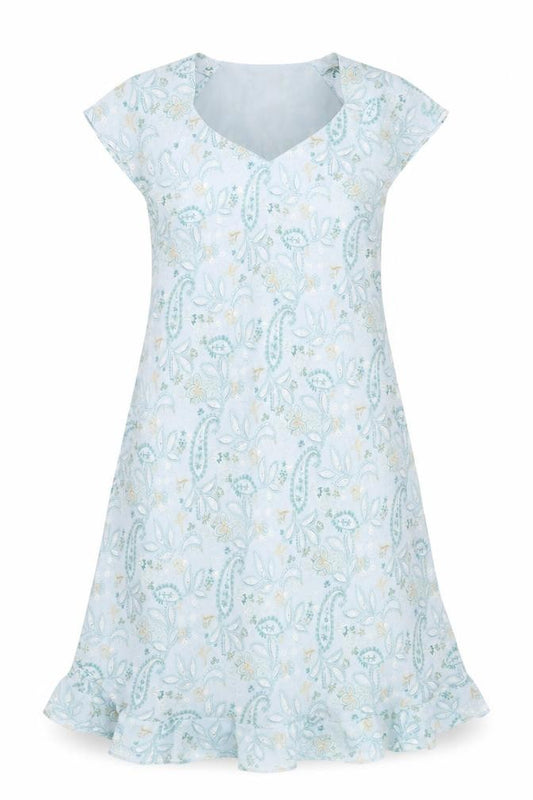 Front view of Variations Women Blue Paisley Shift Dress, size 18, Short Sleeve