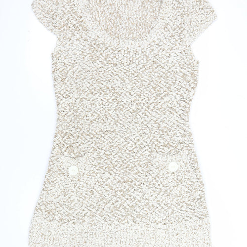 Caroline Morgan Women Beige Knit Shift Dress Size 16 Short Sleeve