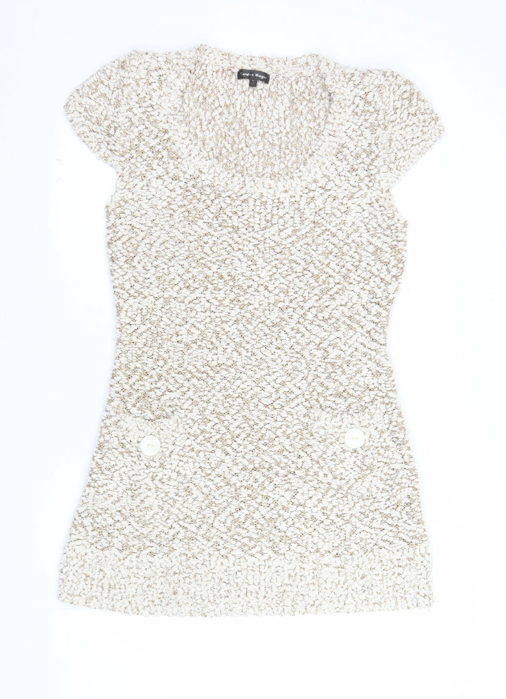 Caroline Morgan Women Beige Knit Shift Dress Size 16 Short Sleeve