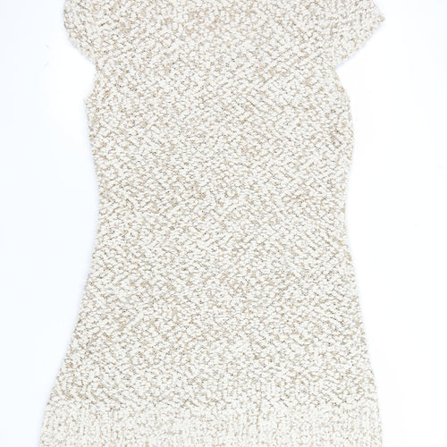 Caroline Morgan Women Beige Knit Shift Dress Size 16 Short Sleeve