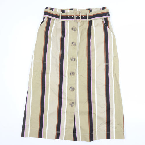 Marks and Spencer Womens Beige Striped Midi A-Line Cotton Skirt Size 12