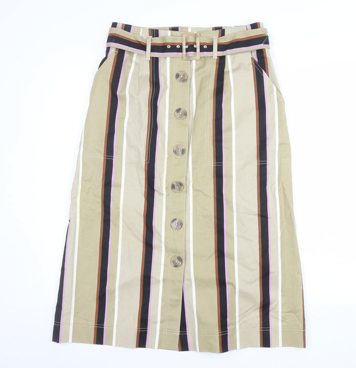 Marks and Spencer Womens Beige Striped Midi A-Line Cotton Skirt Size 12