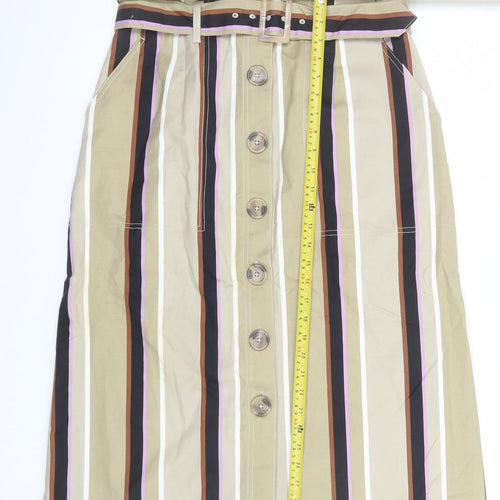 Marks and Spencer Womens Beige Striped Midi A-Line Cotton Skirt Size 12