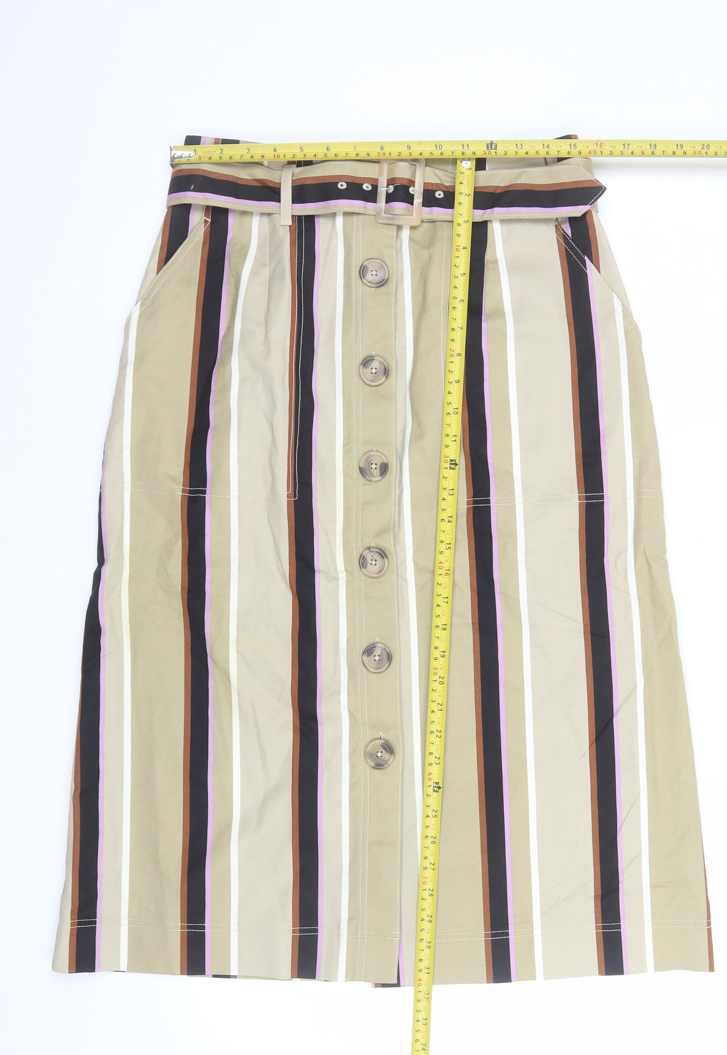 Marks and Spencer Womens Beige Striped Midi A-Line Cotton Skirt Size 12