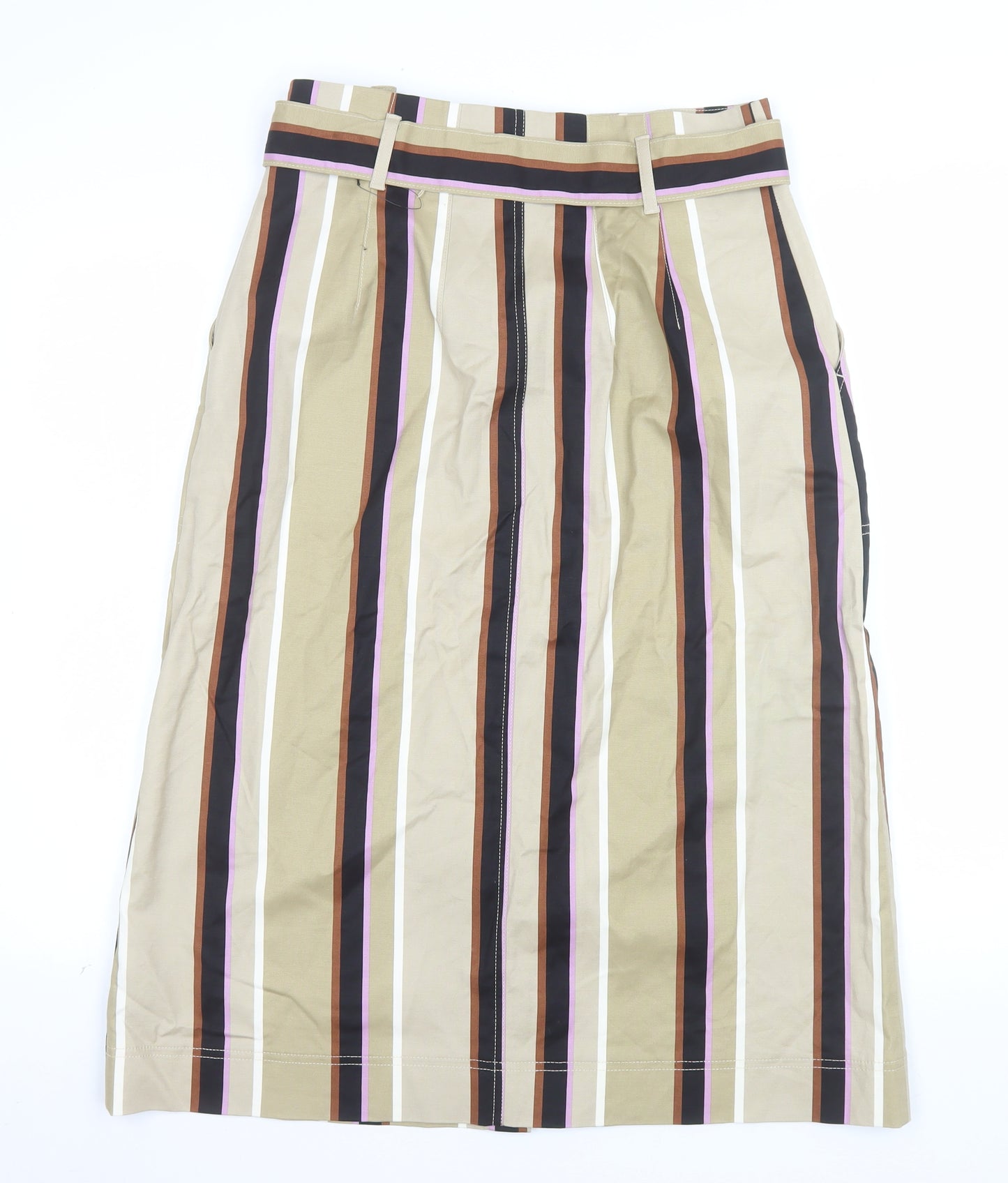 Marks and Spencer Womens Beige Striped Midi A-Line Cotton Skirt Size 12