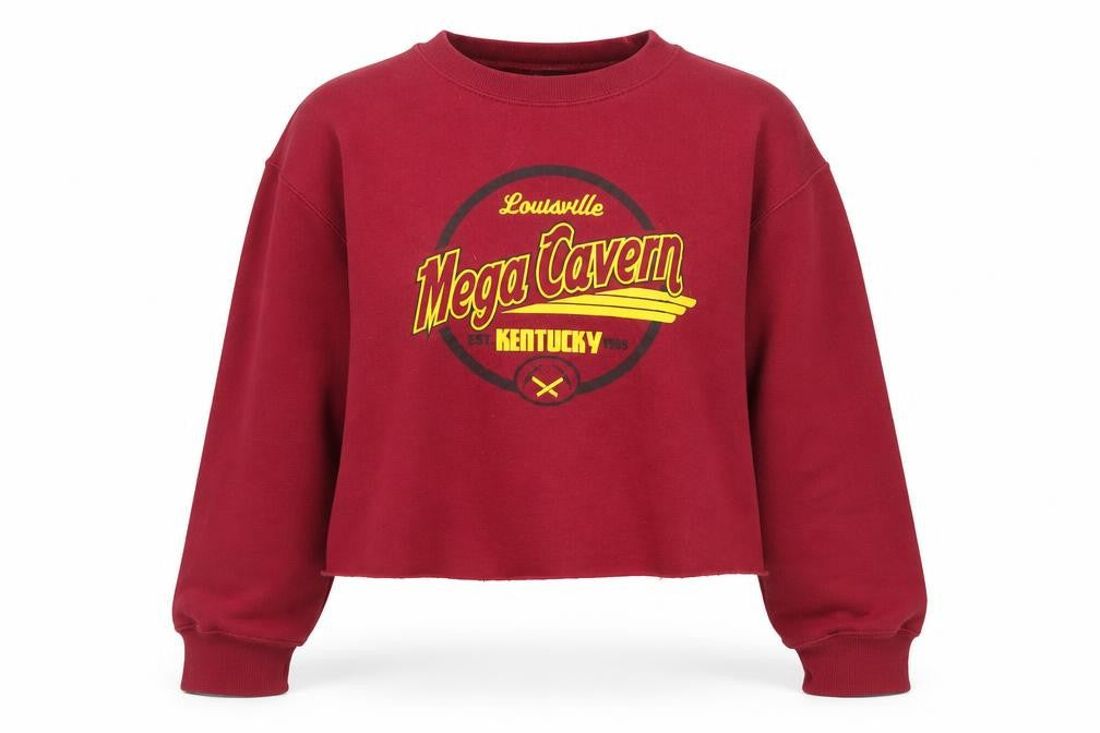Front view of Port & Company women’s burgundy graphic cropped pullover sweatshirt s