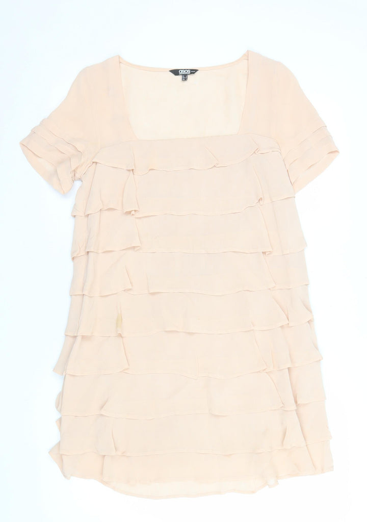 ASOS Women's Beige Short Sleeve Shift Ruffle Dress Size 8