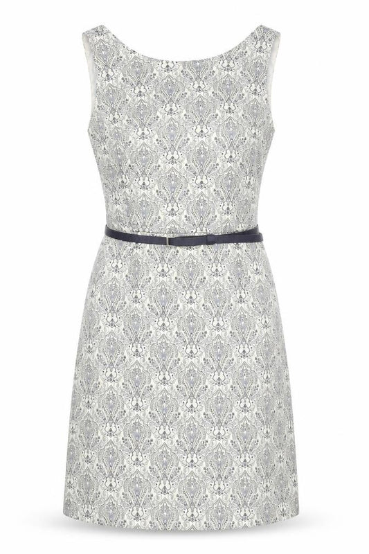 Front view of Monsoon Women Beige Geometric Sleeveless Sheath Dress, size 20